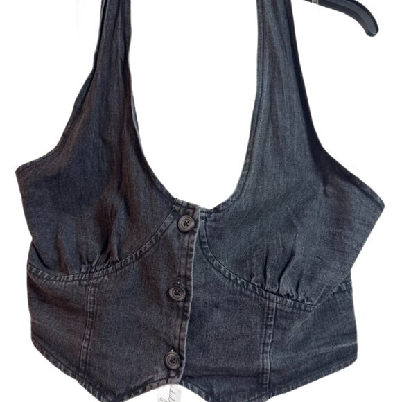 Indulge in blue Jackets & Blazers - Black Denim Halter Vest Crop Top Button Front Y2K Style – Size XL